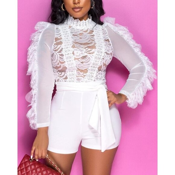 Women White Polyester Bodycon Jumpsuit Ruffle Mesh Rompers Bodysuit - Picture 1 of 5